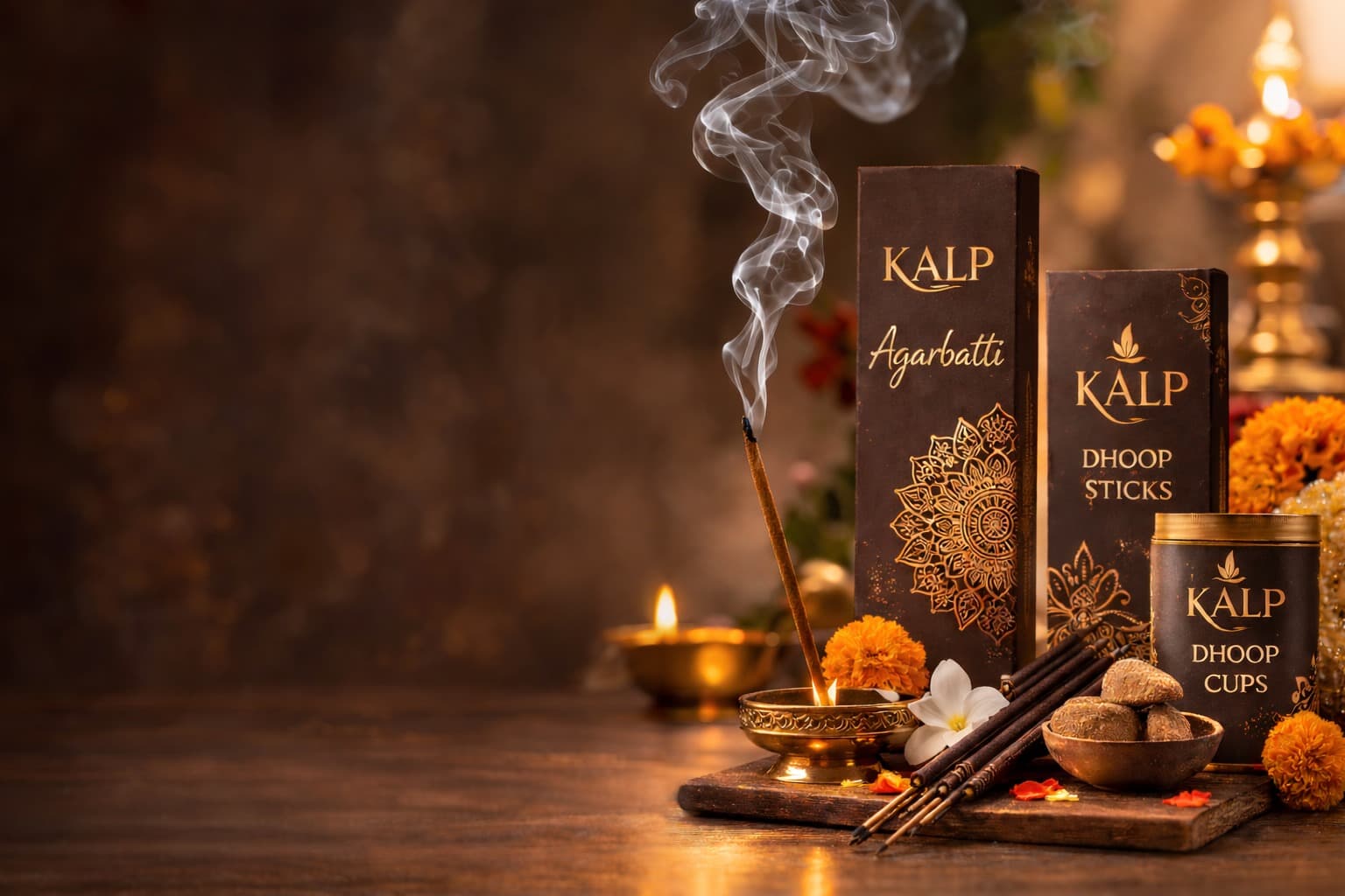 Lit dhoop stick with rising smoke beside KALP agarbatti and dhoop packaging